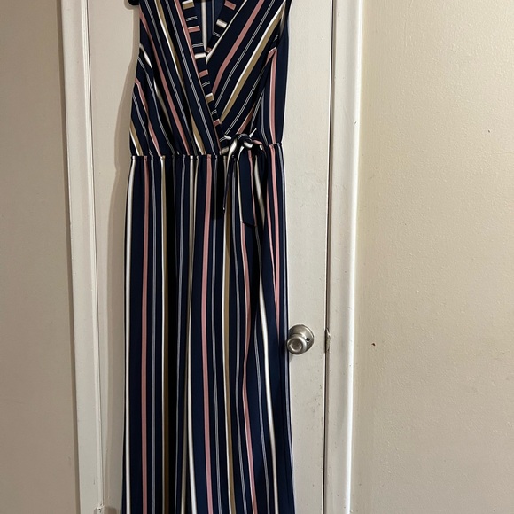 Navy blue, chiffon sleeveless long pant jumpsuit, large - Picture 2 of 3